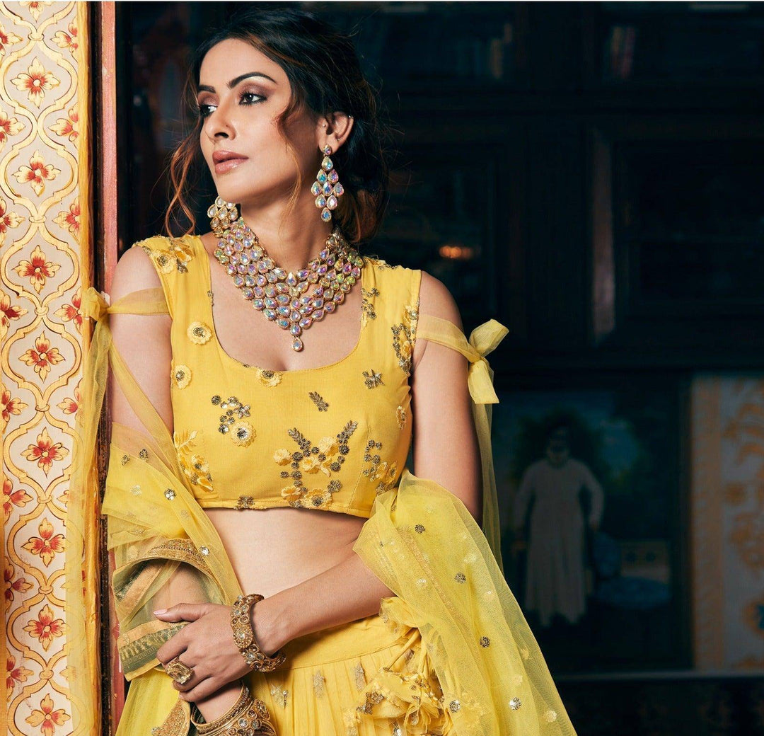 Yellow Embroidery Stitched Net Lehenga - Ready to wear - Uboric