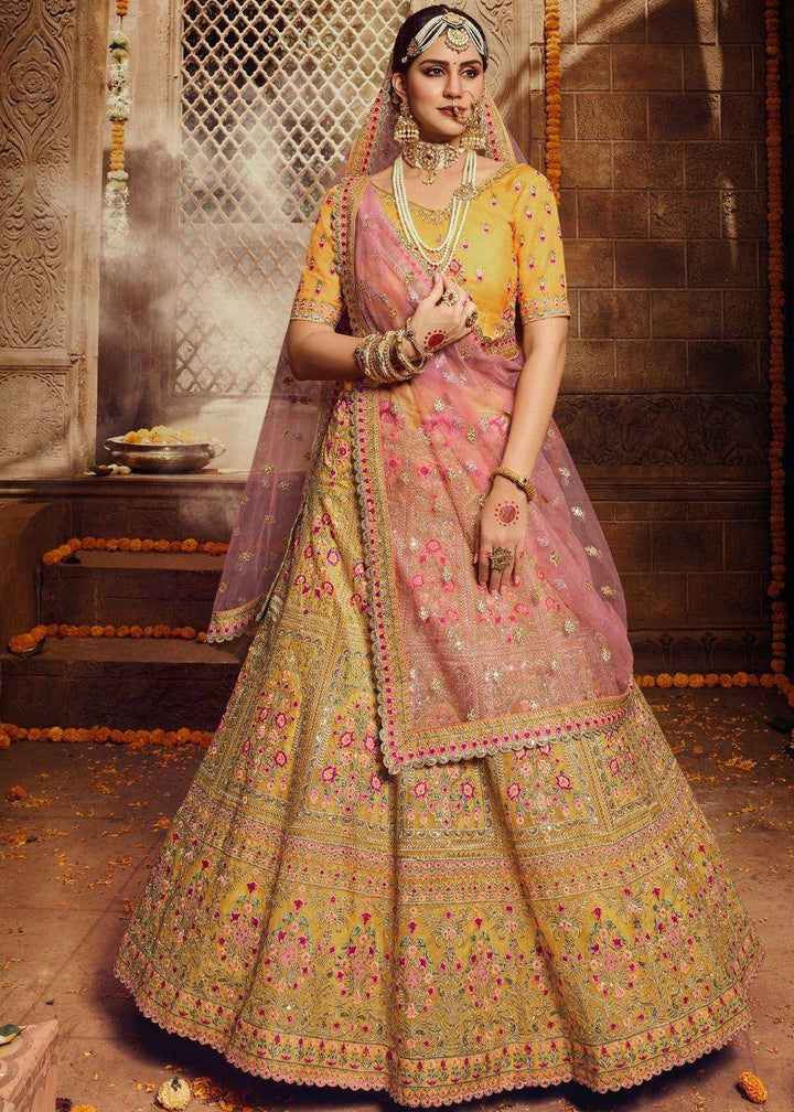 Yellow Organza Bridal Lehenga Choli with Thread, Zari and Stone work (Fully Stitched) - Uboric