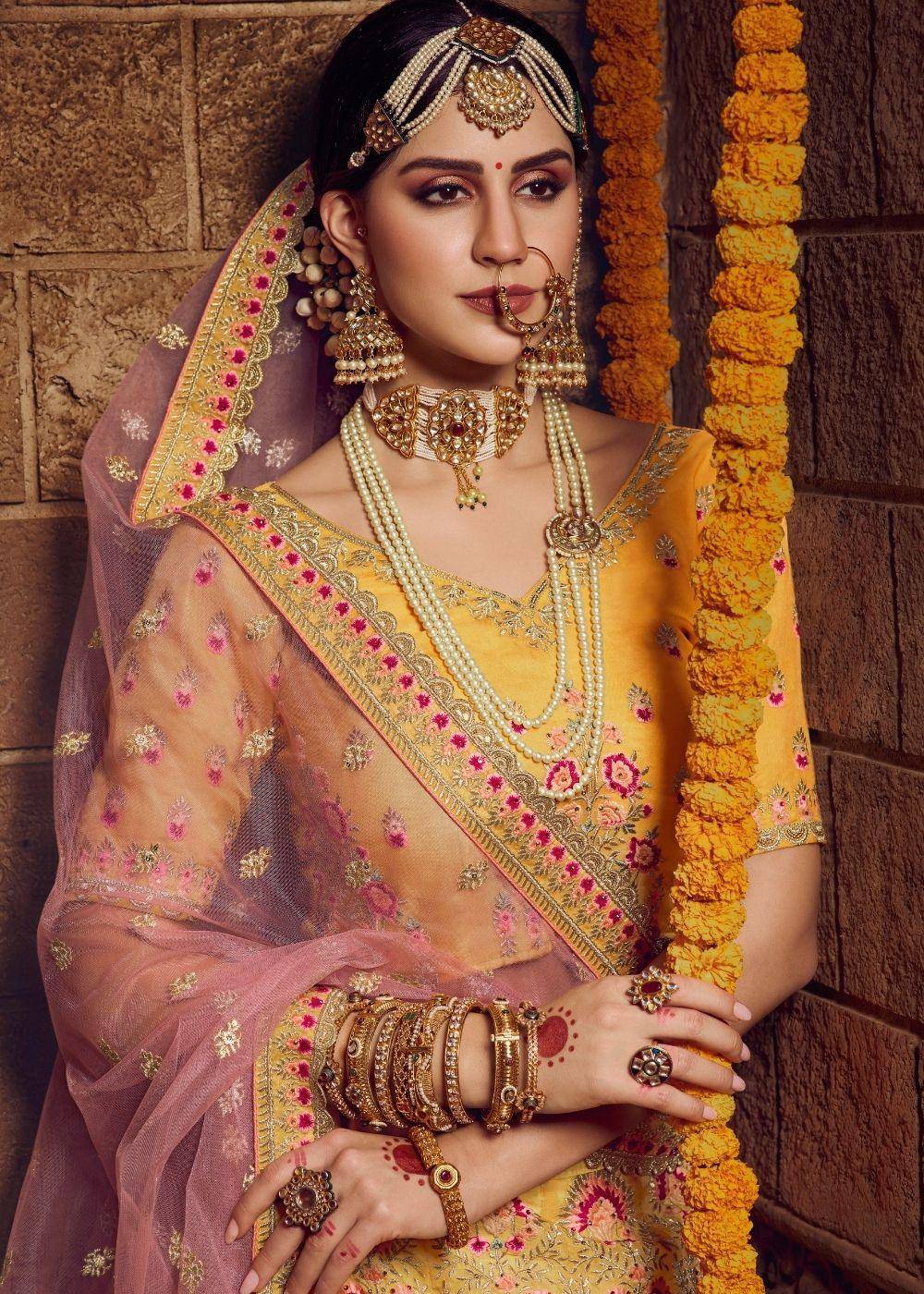 Yellow Organza Bridal Lehenga Choli with Thread, Zari and Stone work (Fully Stitched) - Uboric